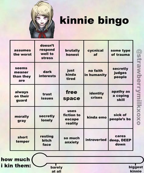 im scared of anyone who kins pre-game characters yet i find myself kinning her wHOOPS Kinning Characters, Danganronpa Kinnie Bingo, Kinnie Callouts, Kin Bingo, Fun Templates, Kinnie Bingo, Emo People, Kokichi Oma, Bingo Template