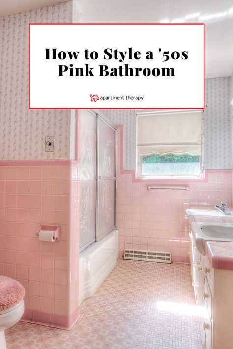 How To Style Retro Pink Bathroom, Mcm Pink Tile Bathroom, Vintage Pink And Grey Bathroom, Pink Bathrooms Retro, Tiny Pink Bathroom, Wallpaper For Pink Tile Bathroom, Original Pink Tile Bathroom, Bathroom Remodel Pink Tub, Pink Tile In Bathroom