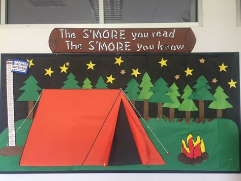 Camping Bulletin Boards For School, Camp Out With A Good Book, Adventure Begins At Your Library Decorations, Classroom Themes Camping, Camp Read A Lot Decorations, Camping Book Fair Theme, Tent Bulletin Board, Camping Decorations For Classroom, Camping Theme Bulletin Boards