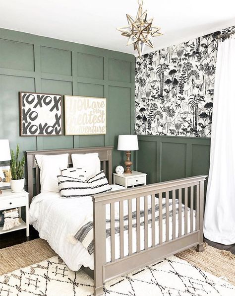 Toddler Room Wallpaper Boy, Boys Room Green Accent Wall, Board And Batten Boys Room, Green Boys Room, Board And Batten Wall, Accent Wall Ideas, Boy Rooms, Green Paint Colors, Patio Interior