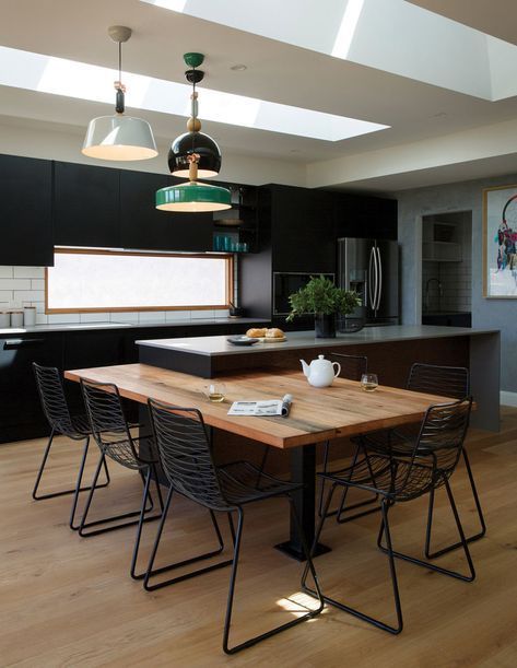 Kitchen With Table In Middle, Long Kitchen With Island, Table Island Combo, Kitchen Island With Bench, Kitchen Light Fixtures, Kitchen Island Dining Table, Kitchen Design Gallery, Kitchen Design White, Modern Kitchen Design Ideas