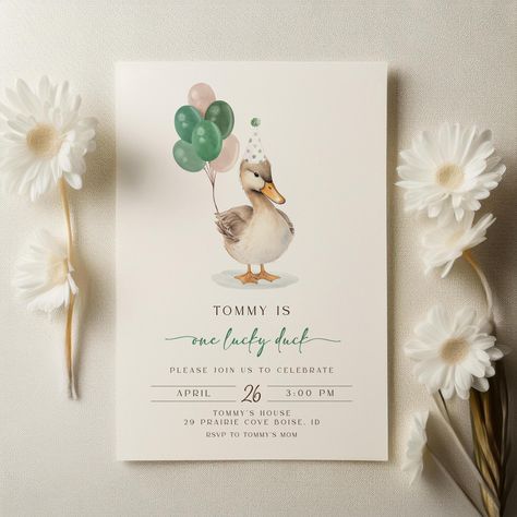 One Lucky Duck Birthday Invitation Template | Editable Green 1st Birthday Printable Invite | Duck First Birthday S730 One Lucky Duck Birthday Party, Duck First Birthday, Lucky Duck Birthday, One Lucky Duck, Duck Birthday, Baby Birthday Themes, Lucky Duck, Baby Boy First Birthday, Bday Girl