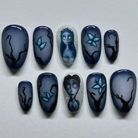 Dark Aethstetic Nails, Emily Corpse Bride Nails, Corps Bride Nails, Corpse Bride Nail Designs, Corpse Bride Inspired Nails, Corpse Bride Nails Short, Halloween Nails Tim Burton, The Corpse Bride Nails, Corpse Bride Nail Ideas