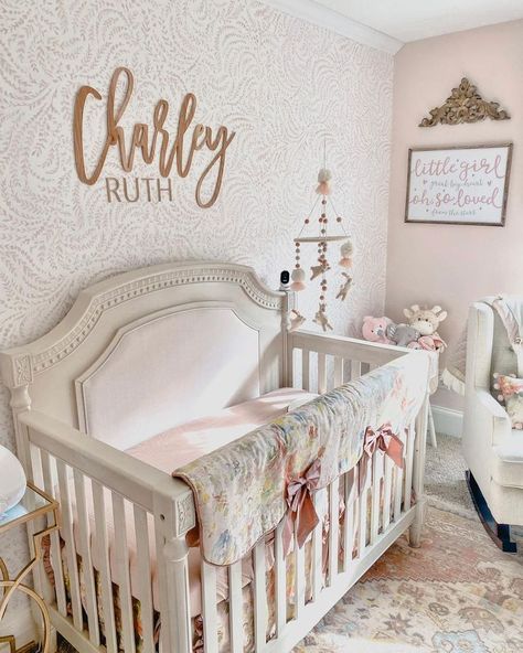 Antique White Crib Nursery Ideas, Ivory Crib Nursery, Upholstered Crib Nursery, Girl Crib Ideas, Baby Girl Crib Ideas, French Country Baby Nursery Ideas, White Crib Nursery Girl, Southern Nursery Ideas, French Country Nursery Girl