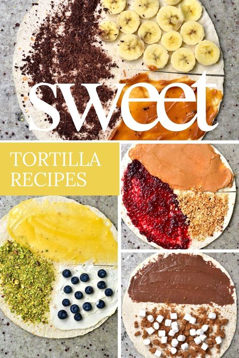 12+ ideas for dessert tortilla wraps using the current viral tortilla trend. From jaffa cake and Turkish delight fillings to banoffee and s'mores - there are tons of ways to enjoy dessert wraps today! Healthy Sweet Tortilla Wrap, Tortilla Trend Recipes, Sweet Wraps Recipes, Desserts Using Tortillas, Chocolate Tortilla Dessert, Wrap Hack Ideas, Tortilla Sweet Snacks, Tortilla Sweet Desserts, Dessert Wraps Recipes