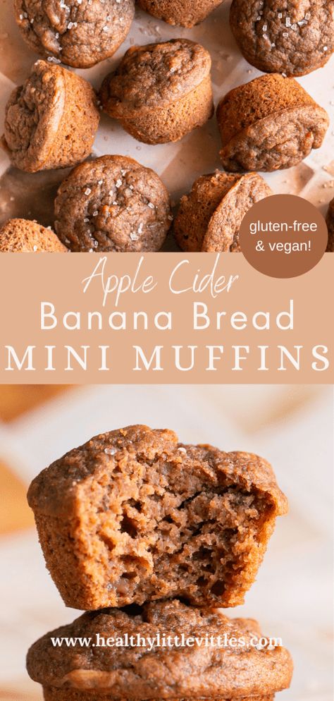 These bite-sized Mini Apple Cider Banana Bread Muffins are the perfect grab-n-go healthy breakfast or pop-in-your-mouth snack! These gluten-free, vegan mini muffins are made with bananas and oat flour flavored with apple cider, apple pie spice, and cinnamon. Coconut sugar is used to keep these mini muffins naturally sweetened. Vegan Mini Muffins, Healthy Mini Muffins, Banana Bread Mini Muffins, Apple Cider Muffins, Apple Banana Muffins, Banana Cinnamon Muffins, Banana Coconut Muffins, Mini Banana Muffins, Vegan Muffins