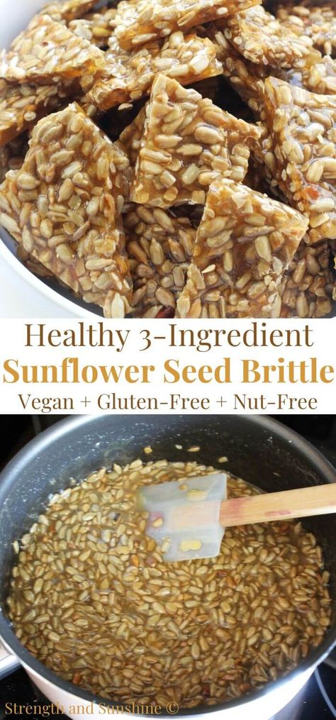 Sunflower Seed Brittle (Vegan, Gluten-Free) | Strength and Sunshine | This easy 3-ingredient Sunflower Seed Brittle recipe is a sweet, nutty, and crunchy treat perfect as a healthy snack or delicious edible holiday gift idea! Naturally gluten-free, vegan, and paleo, this low-sugar brittle recipe is easy to customize with flavors, spices, and liquid sweeteners like vegan honey! Make it crisp and crunchy or soft and chewy, everyone will want a piece! Sunflower Seed Chocolate Bites, Quinoa Brittle Recipe, Vegan Gf Recipes Desserts, Vegan Seed Bars, Healthy Gluten Free Snack Ideas, Candied Sunflower Seeds, Soft Brittle Recipe, Nut And Seed Biscuits, Sunflower Seed Dessert