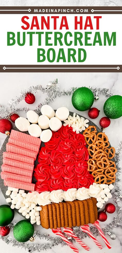 Pin image featuring a picture of this Santa hat buttercream board and at the top are the website: "madeinapinch.com" and the words "Santa Hat Buttercream Board." Christmas Buttercream Board, Buttercream Charcuterie Board, Easy Dessert Charcuterie Board, Christmas Buttercream, Buttercream Board, Christmas Dessert Charcuterie Board, Sweet Buttercream Frosting, Frosting Board, Christmas Dinner Dishes