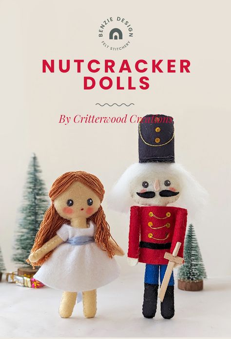 These felt Nutcracker dolls make whimsical Christmas decorations, but can also be held and played with by little ones – a showstopping combination. Free tutorial and supply list. Created by Joana Yoo for Benzie Design. #nutcracker #nutcrackerballet #christmas #giftideas #imaginitiveplay #dolls #whimsical #feltdolls #feltcraft #benziefelt #benziedesign #benziedesignmakerteam Felt Nutcracker Ornaments Diy, Nutcracker Ballet Crafts, Nutcracker Ornaments Diy, Nutcracker Felt, Felt Nutcracker, Whimsical Christmas Decorations, Barbie Nutcracker, Nutcracker Crafts, Felt Doll Pattern