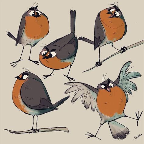 Nunzio Cafagna - A lot of Robins  #artofnunziocafagna #drawing #characterdesign #artistoninstagram #robin #visualdevelopment #birds #digitalart #instart… Stylized Bird Drawing, Cute Sparrow Drawing, Bird Art Cartoon, Sparrow Character Design, Cartoon Robin Bird, Birds Character Design, Bird Character Design, Robin Bird Illustration, Robin Cartoon