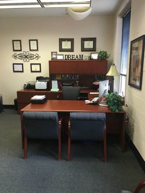 Principal's office decor make over Life Insurance Office Decor, Men Office Decor At Work, Small Work Office Ideas Professional, School Office Ideas Principal, Rental Office Decor, Office Manager Office Decor, Vice Principal Office Decor, University Office Decor, School Director Office