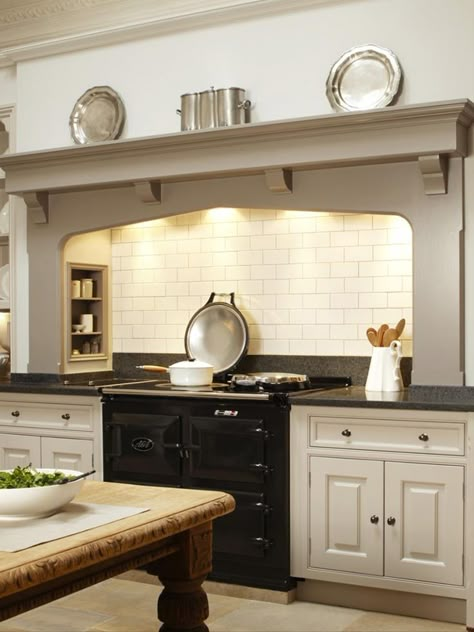 Kitchen lighting ideas: mantel stove spotlights Stove Alcove Ideas, Kitchen Stove Alcove, Lakehouse Kitchens, Range Alcove, Stove Alcove, Kitchen Alcove, Home Kitchen Design Ideas, Kitchen Mantel, Interior Design Cottage