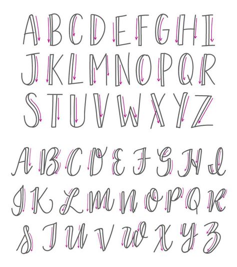 Lettering Alphabet mit Pfeilen Auf- und Abstriche Fake Calligraphy Tutorial, Fake Calligraphy, Lettering Practice Sheets, Alfabet Font, Bullet Journal Font, Lettering Guide, Journal Fonts, Handlettering Quotes, Calligraphy Tutorial