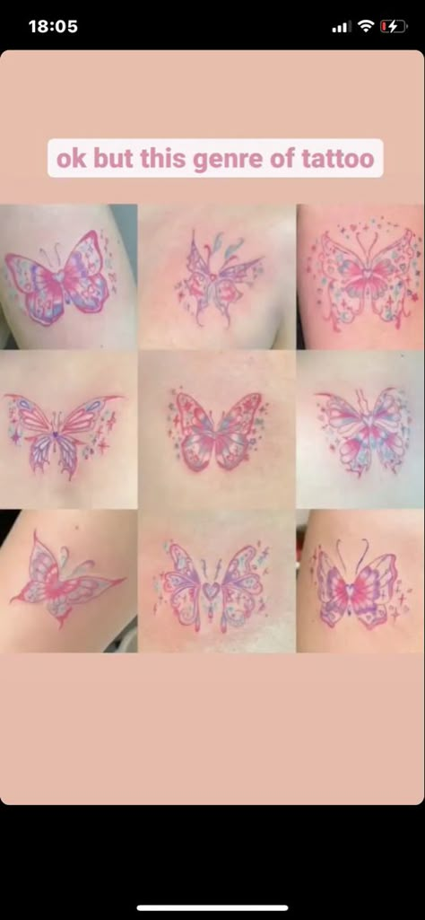 Pink Sparkle Tattoo, Colorful Womens Tattoos, Y2k Flower Tattoo, Pink Butterflies Tattoo, Pastel Tattoo Ideas, Pink Butterfly Tattoo Designs, Butterfly Sparkle Tattoo, Pink Tattoo Aesthetic, Butterfly Tattoo Pink