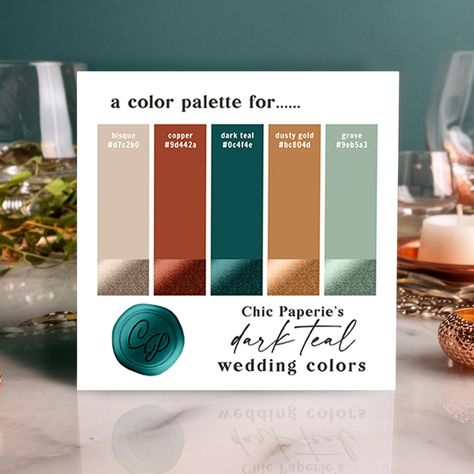 After month's of studying and watching for the hottest color trends, The 2021 Wedding color combos are in! A collection of 10 wedding color palettes created with coordinating wedding invitation Stationery Collections.  This is Chic Paperie's Wedding Color Palette Card in the Dark Teal Colorway of: Copper, Peacock Emerald Green, Dusty Gold, Grove Light Green, & Bisque Beige. A beautiful color combination for a barn or forest wedding, and is perfect for a fall or winter wedding! Shown with flat an Green Copper Wedding Colors, Color Palette Teal Colour Combinations, Terracotta And Dark Teal Wedding, Peacock And Terracotta Wedding, Wedding Color Schemes With Teal, Bronze Color Palette Colour Schemes, Dark Teal And Rust Wedding, Teal Wedding Palette, Dark Teal Color Palette Wedding