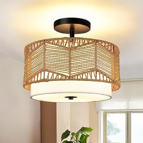 3-Light Semi Flush Mount Ceiling Light Fixture Woven Rattan Light Fixtures Ceiling Mount Boho Light Fixtures with Fabric Shade Ceiling Lights for Bedroom Dining Room Foyer Kitchen Hallway Farmhouse - Amazon.com Bedroom Ceiling Light Fixtures Ideas, Rattan Light Fixture Bedroom, Semi Flush Mount Chandelier Dining Room, Wicker Flush Mount Light, Boho Living Room Light Fixture, Bathroom Flush Mount Light, Boho Ceiling Lights Living Room, Boho Bedroom Ceiling Light, Semi Flush Ceiling Lights Dining Room