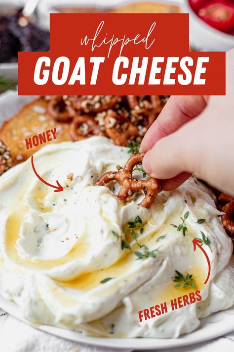 Goat Cheese For Charcuterie, Whipped Goat Cheese Spread Honey, Whipped Feta And Goat Cheese, Whipped Goat Cheese Appetizer, Cheese Dip For Soft Pretzels, Whipped Goat Cheese Dip, Honey Scoop, Farm Cheese, Goat Cheese Dip