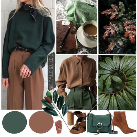 Emerald Button Down Shirt Outfit, Brown With Green Outfits, Forest Green And Brown Outfit, Colors That Go With Green Outfits, Outfit Color Combinations Ideas, Dark Green Combination Outfit, Elegant Colour Combinations, Autumn Colour Outfits, Color Palette For Clothes