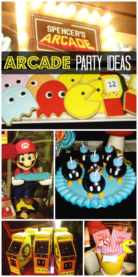 Video game arcade is the fun theme of this boy birthday party!  See more party ideas at CatchMyParty.com! Retro Games Party, Arcade Cookies, Arcade Theme Party, Tetris Party, 10th Birthday Boy, Arcade Theme, Boy Party Games, Arcade Birthday Parties, Arcade Birthday