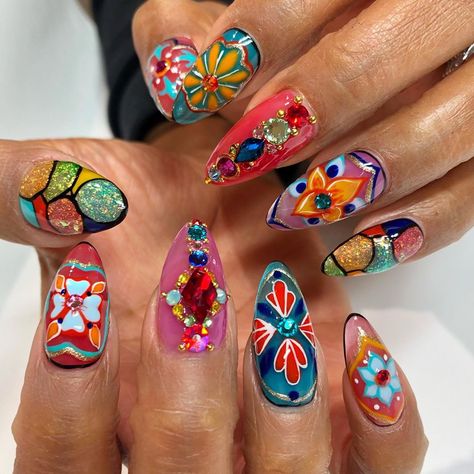 Vanessa Cooper |LA Nail Artist on Instagram: “✨Spanish tile inspired nails! 🌈✨ • For @mrstru120 💜 • • • • #rainbow #spanishtile  #lanailtech #hollywood #lanails #beverlyhills…” Tile Inspired Nails, Diy Valentine's Nails, Vanessa Cooper, Short Nail Manicure, Glass Nails Art, Simple Fall Nails, Pointed Nails, Inspired Nails, Spanish Tile