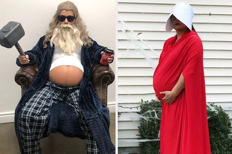 Funny Maternity Halloween Costumes, Pregnant Harry Potter Costume, Family Costumes Pregnant Mom, Pregnant Thor Costume, Fat Thor Pregnancy Costume, Baby Bump Halloween Costumes, Pregnant Family Halloween Costumes, Pregnant Halloween Costumes Family, Costume Ideas For Pregnant Women