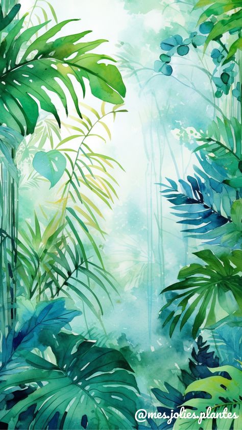 Watercolor Jungle Landscape, Watercolor Tropical Plants, Jungle Leaves Painting, Jungle Plants Drawing, Jungle Art Painting, Jungle Art Tropical, Tropical Drawing, Jungle Artwork, Painting Jungle