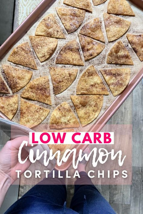 HOW TO MAKE CINNAMON CHIPS-Stack up the almond flour tortillas and use a pizza cutter to cut them into triangles and place them on a parchment-lined baking sheet and brush them with melted butter. Then sprinkle them with cinnamon and Lakanto granulated sweetener. Bake at 400F for 7 minutes Keto Cinnamon Chips, Zero Carb Tortilla Chips Air Fryer, Chips From Low Carb Tortillas, Flour Tortilla Chips, Almond Flour Tortillas, Cinnamon Sugar Tortillas, Keto Chips, Low Sugar Diet Recipes, Cinnamon Tortilla Chips