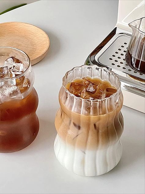 set of 2 glass cups wavy and fluted for iced coffee, beer, water Cocktail Juice, Glass Cup Set, Whiskey Cocktail, Vintage Drinking Glasses, Coffee Glasses, Iced Tea Glasses, Glassware Drinking, Tea Juice, Milk Coffee