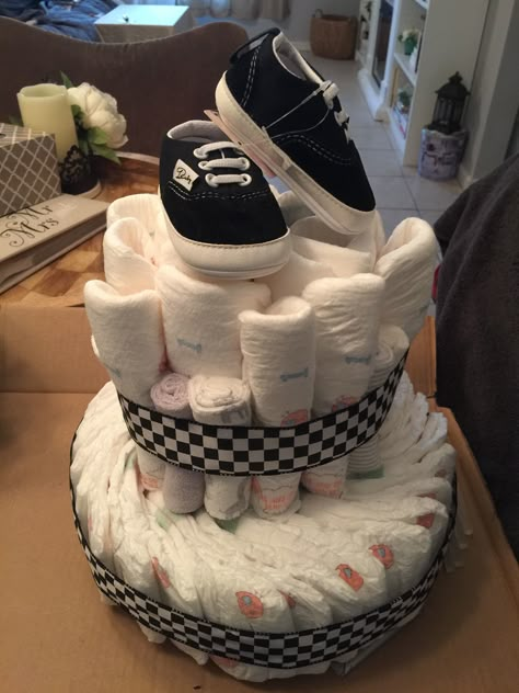 Diaper cake, VANsInspired, baby shower Baby On Board Vans Baby Shower Ideas, Vans Themed Baby Shower, Punk Baby Shower Ideas, Warped Tour Baby Shower Theme, Skateboard Baby Shower Ideas, Rad Little Dude Baby Shower Ideas, Emo Baby Shower Ideas, Vans Baby Shower, Vans Baby Shower Theme