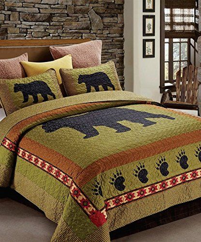 3pc KING Size Rustic Cabin/Lodge Bear Paw Quilt Set (105"x95" King Quilt + Two King Pillow Shams) Bear Tracks Quilt, Fish Textiles, Lodge Bedroom, Minimalist Pillow, Bear Tracks, Bear Bed, Mountain Love, Green Bear, Cabin Home