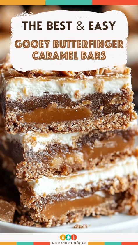 Gooey Butterfinger Caramel Bars Melted Chocolate Recipes, Butterfinger Bars Recipe, Caramel Marshmallows, Butterfinger Cake, Melted Caramel, Best Gluten Free Desserts, How To Melt Caramel, Caramel Bars, Dessert Smoothie