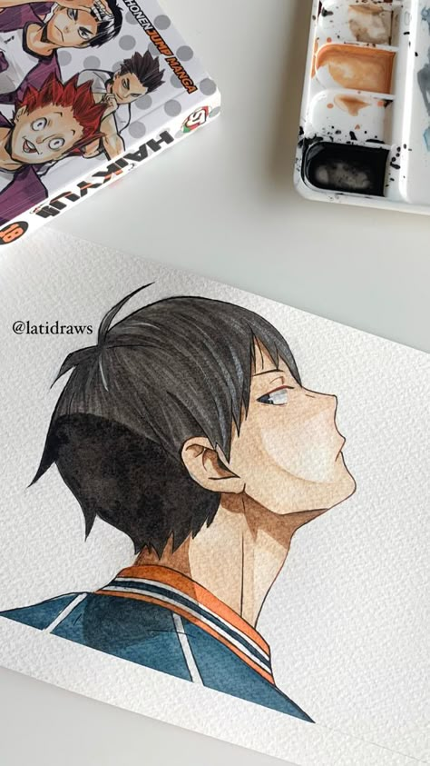 Drawing Haikyuu Characters, Haikyuu Easy Drawing, Anime Drawing On Paper, Kageyama Drawing Sketch, Haikyuu Painting Ideas, Manga Watercolor Anime Art, Haikyuu Drawing Sketch, Haikyuu Watercolor, Haikyuu Painting