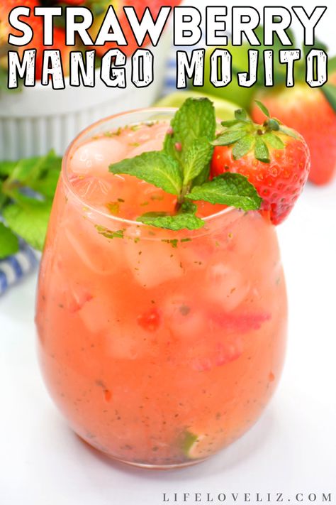 Strawberry Peach Mojito, Strawberry Mango Alcoholic Drink, Strawberry Mango Mocktail, Mango Mojito Recipe, Strawberry Drink Recipes, Pregnant Drinks, Strawberry Stuff, Mango Rum, Rum Punch Recipes