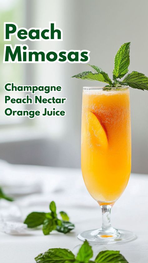 Peach Mimosas Mimosa Recipe Champagne, Prosecco And Orange Juice, Orange Juice Cocktails, Christmas Cocktails Easy, Breakfast Cocktails, Peach Cocktail, Peach Drinks, Peach Nectar, Mimosa Recipe