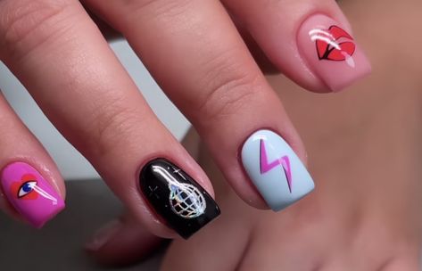 Colorful nail art - lightning bolt, heart, lips, disco ball Nail Art Lightning Bolt, Nail Designs Lighting Bolt, Nail Art Lightning, Disco Gel Nails Design, Disco Ball Nails Designs, Thunderbolt Nail Art, Disco Gel Nails, Disco Themed Acrylic Nails, Disco Nail Art