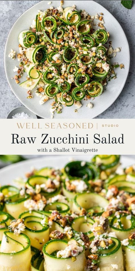 This Raw Zucchini Salad with ricotta salata, fresh mint, scallions, and pistachios is a total celebration of summer! Dressed with a homemade shallot vinaigrette, this salad recipe is healthy, tastes great, and can be on the table in just 15 minutes. #wellseasonedstudio #zucchini #zucchinisalad #zucchinirecipe Zuccinni Recipe, Zucchini Salad Recipes, Salad With Pistachios, Raw Zucchini Salad, Kale Salad Dressing, Light Salad Dressing, Shallot Vinaigrette, Raw Zucchini, Easy Zucchini Recipes