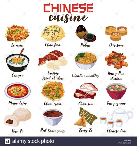 Download this stock vector: A vector illustration of Chinese Food Cuisine - M261WX from Alamy's library of millions of high resolution stock photos, illustrations and vectors. Culinary Cooking, Mapo Tofu, Collection Illustration, Food Stock, Food Infographic, Foreign Food, Food Info, Chow Mein, Food Facts