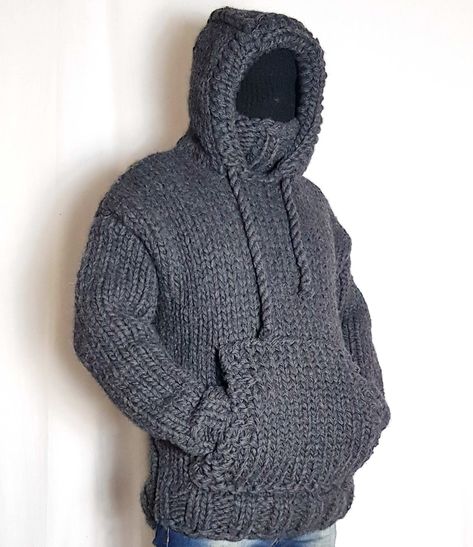 Hoodie Tutorial, Crochet Hoodie, Woolen Sweaters, Mens Hoodie, Hand Knitted Sweaters, Knit Hoodie, Chunky Sweater, Handmade Knitting, Hooded Pullover