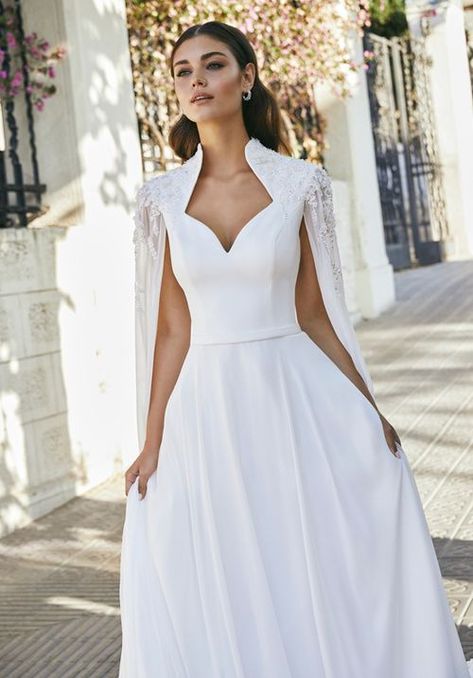 Wedding Dress Queen Anne Neckline, Wedding Dress With Shoulder Cape, Queen Anne Neckline Wedding Dress, Queen Anne Wedding Dress, Queen Anne Dress, Queen Ann Neckline, Wedding Dress Collar, Back Profile, Queen Wedding Dress