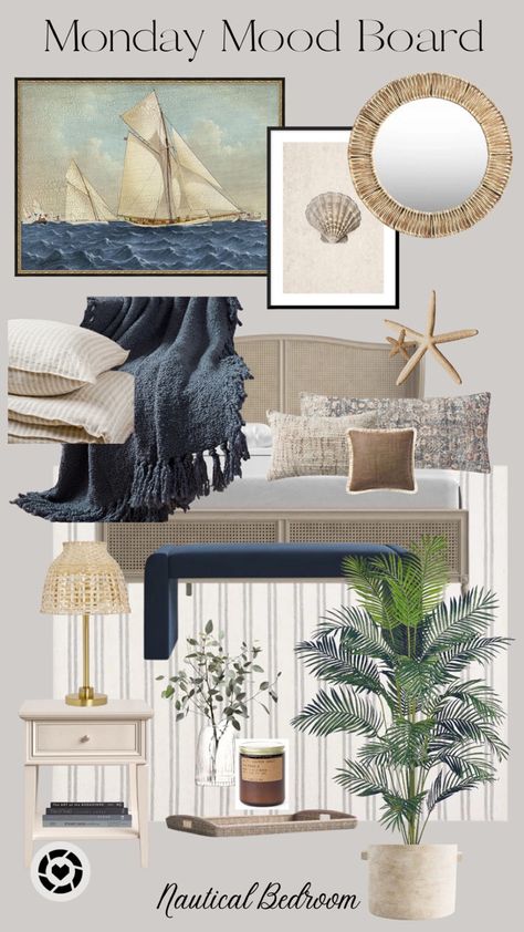 Neutral and blue bedroom. Rug, art, accessories, bed and nightstands. Cream And Navy Bedroom, Neutral Upholstered Bed, Navy Bedrooms, Nautical Bedroom, Bedroom Style, Coastal Bedroom, Neutral Bedroom, Gray Bedroom, Mood Board Design