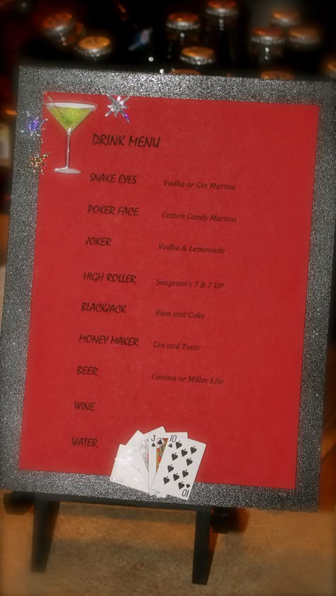 casino, poker or gambling drink menu  glitter black card stock and 3D stickers from Michael's. Casino Party Drinks, Casino Theme Party Drinks, Casino Theme 21st Birthday Party, Casino Party Drink Ideas, Poker Night Drinks, Casino Drinks Cocktails, Casino Drinks, Casino Theme Cocktails, Casino Night Menu Ideas