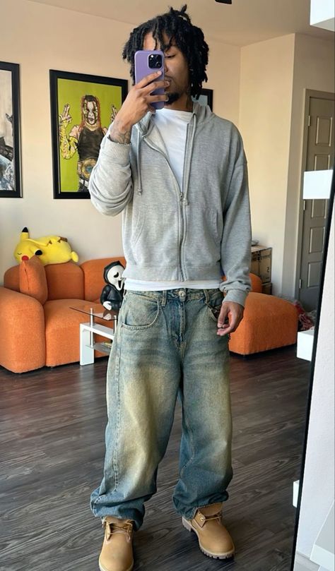 Jean Pants Outfits Men, Good Fits For Guys, Street Wear Fits Men, Timbs Fit Men, Mens Outfit Inspo Streetwear, Baggy Outfit Ideas Men, Cool Fits Men, Jeans Outfit Men Street Style, Edgar Fashion