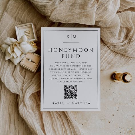 This modern minimalist DIY QR code honeymoon fund card with monogram features modern calligraphy script, simple typography, and timeless elegance in a completely customizable template.  The design is fully editable (including fonts, wording, and colors) and easy to personalize using Templett, a free online design platform that works in your browser with no software downloads necessary.  Use the link below to try before you buy! --------------------------------------- TRY BEFORE YOU BUY WITH FREE Honeymoon Fund Shower Invitations, Honey Moon Funds Ideas, Honeymoon Fund Wording, Guatemala Wedding, Minimalist Diy, 2025 Wedding, Honeymoon Fund, Simple Typography, Wedding 2025