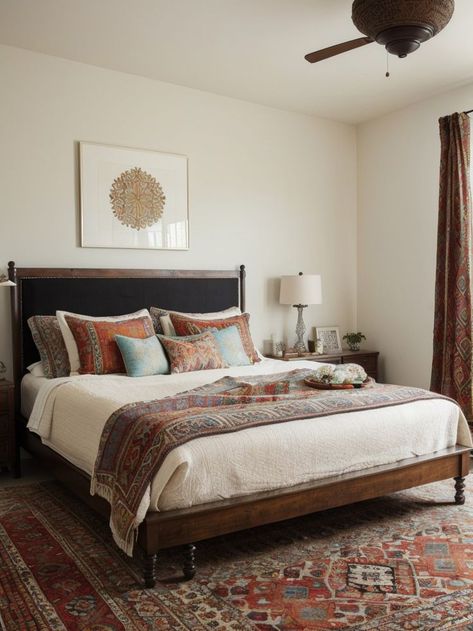 Create a boho-inspired bedroom by using dark wood furniture as the focal point. Add a mix of vibrant and patterned textiles, such as a colorful rug and throw pillows, to bring warmth and character to the space. Mexican Style Bedroom, Dark Wood Bedroom Furniture, Bedroom Furniture Inspiration, Dark Wood Bedroom, Dark Wood Furniture, Inspired Bedroom, House Vibes, Wood Bedroom Furniture, Cozy Boho