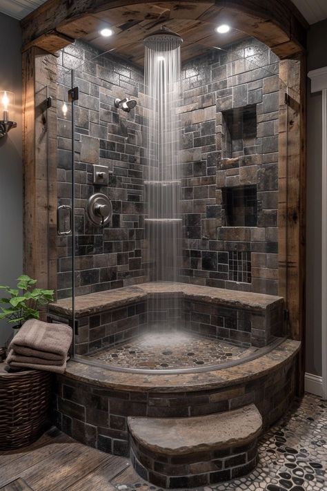 Rock Walk In Shower Ideas, Spa Like Shower Ideas, Luxury Farmhouse Bathroom, Nice Showers, House Ideas On A Budget, Two Shower Heads, Dream Bathroom Luxury, Rock Bathroom, Creative Bathroom Design