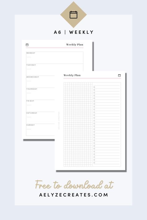 Free printable Planner Inserts - A6 - Weekly A6 Planner Printables Free, A6 Printables Free, Planer Printable Free, Free A6 Planner Printables, A6 Planner Inserts Free Printables, Planner Inserts Printable Free, Weekly Planner Template Goodnotes, Weekly Planner Template Free Printable, Planner Templates Goodnotes