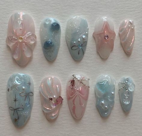 Pink Blue Nails, Asian Nails, Hippie Nails, Blush Nails, Mermaid Nails, Pretty Gel Nails, Soft Nails, Jelly Nails, Kawaii Nails