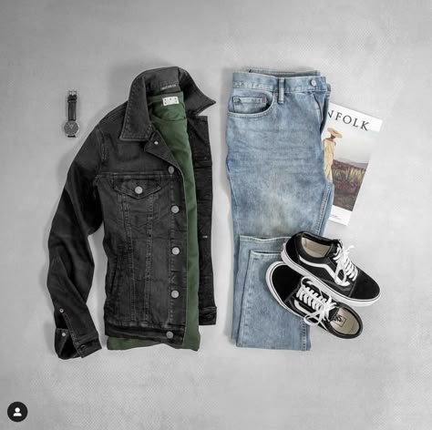 Styles Clothes, Vans Outfit, Men Fashion Show, Mens Attire, Mens Casual Dress Outfits, Outfit Grid, Mens Fashion Casual Outfits, Jeans Jacket, Men Style Tips