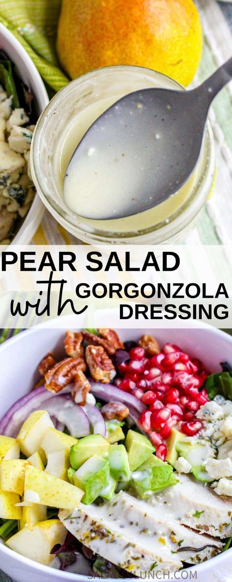 Pear Gorgonzola Salad Dressing, Roquefort Pear Salad, Gorgonzola Dressing Recipe, Apple And Gorgonzola Salad, Gorgonzola Pear Chicken Salad, Pear And Gorgonzola Salad, Healthy Fall Salad Recipes, Pear Salad Dressing, Arugula Pear Gorgonzola Salad