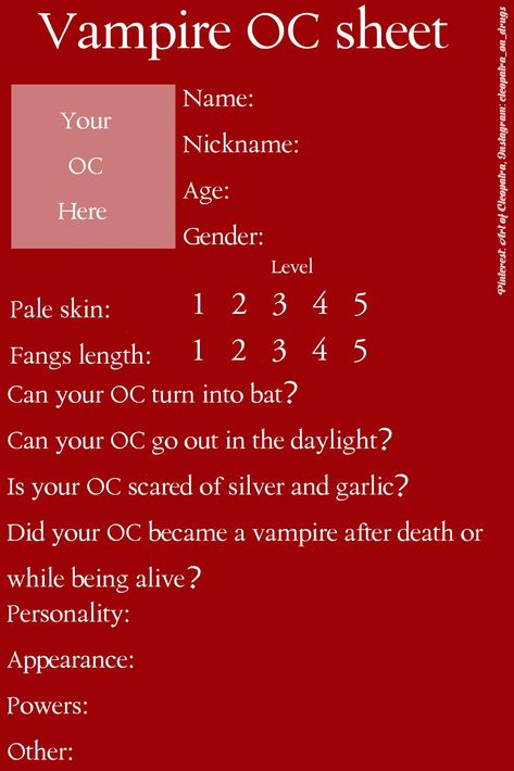 Vampire Title Ideas, How To Be A Vampire, Vampire Username Ideas, Vampire Oc Ideas, Vampire X Human Art, Vampire Types, Oc Sheet Template, Vampire Anatomy, Fill Out Sheet